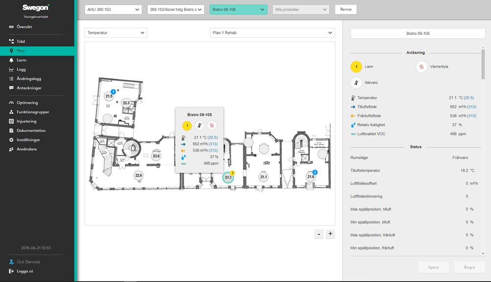 Image of the SuperWise UI (note image is taken from the Swegon website, not an actual running system).