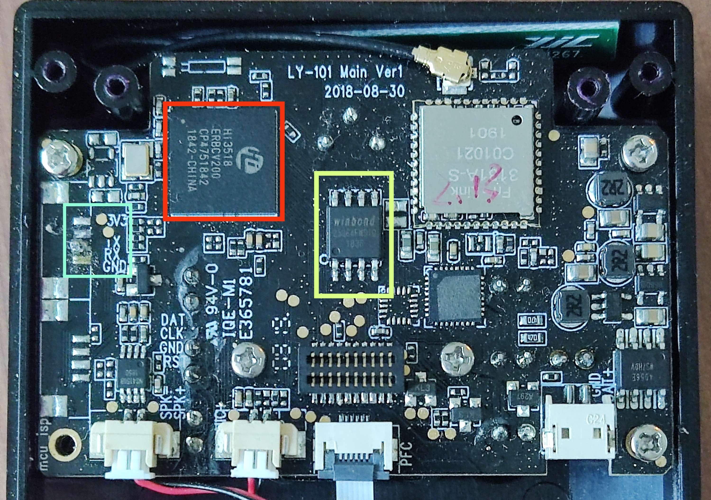 Image: Picture of the motherboard. On it, the CPU, memory, and UART pins are labelled.