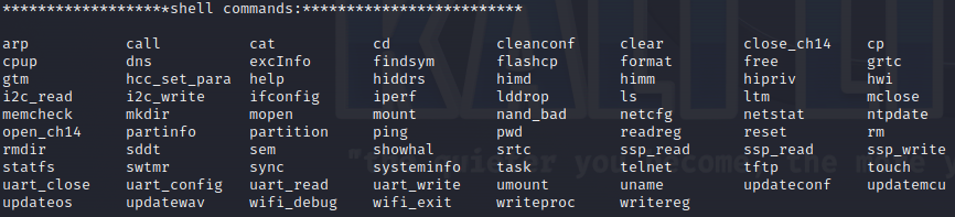 Image: Picocom terminal showing the response from the camera when the help command is called.